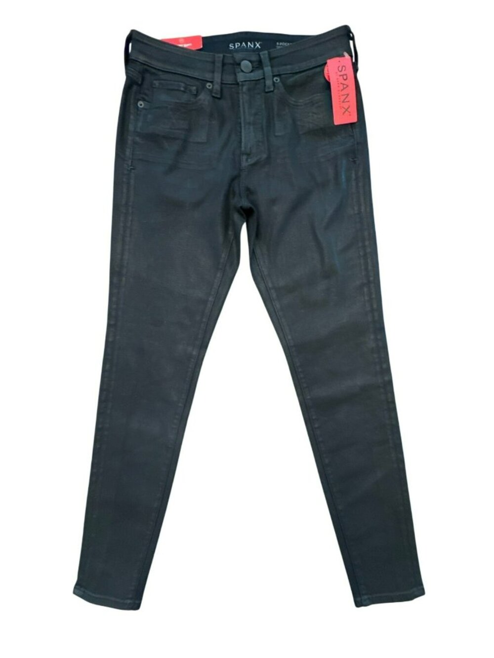 Spanx NWT Black Lacquer Skinny Jeans 27 Faux Leather Look Moto Shaping